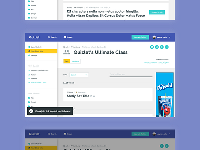 Quizlet Redesign - Classes class dashboard education feed learning responsive web