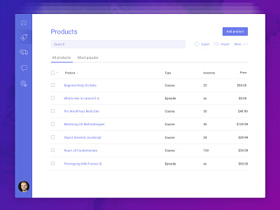 E-Commerce Product Dashboard Concept course dashboard ecommerce iconography list product purple table