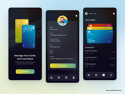 Manage Your Cards banking app bills cards credit card currency dark finance finance app fintech gradient invoice mobile app order payment profile spendings transaction ui user ux