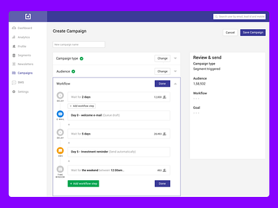 Workflow campaign campaign design campaigns create campaign customer.io delay edit campaign email mobile push sms web push workflow workflows