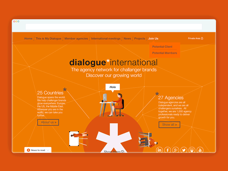 Dialogue*International agency network clean cookies adv cookies and partners dialogueinternational illos illustration micro animation minimal orange ui design ui ux ux design vector vector illos web design website