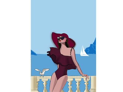 Girl and the sea balcony brunette girl hat illustration lady luxury paradise sea seagull sunglasses travel vector vectorart yacht