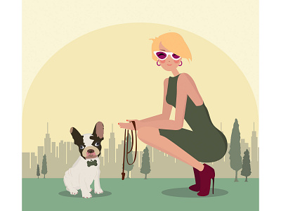 My pet blonde bulldog cartoon city cute cute animal dog dog walking doggy french bulldog girl happy park pet puppy sunglasses trees vector woman woof