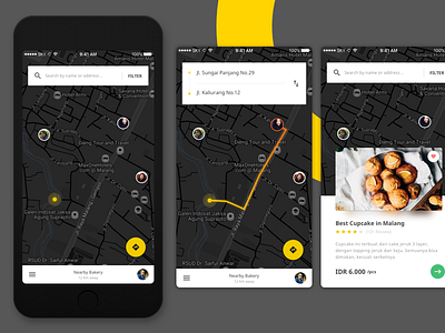 Bakery Finder App app bakery cake dark map mobile ui