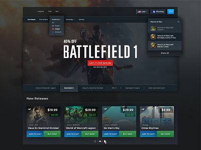 Online Game Store - Home Page dark flat game modern ui ux web