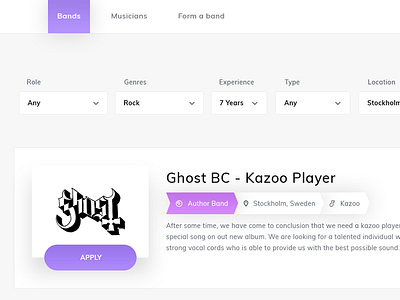 Musician Recruitment - Band List application band flat light material minimal music recruitment ui ux web