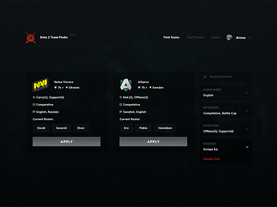 Dota 2 Team Finder - Find Teams UI csgo dark design dota esport esports game gaming landing web