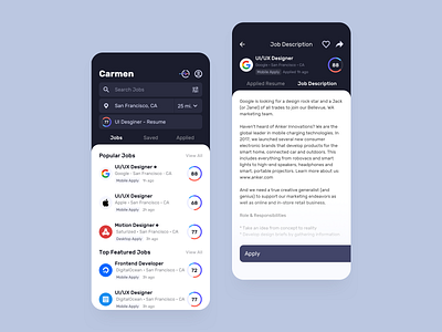 Carmen - AI Career Mentor - Job Search ai app artificial intelligence design job search mobile ui uidesign user interface userexperience ux uxdesign visual web app