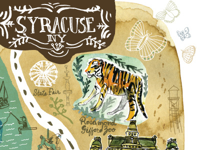 Illustrated map of Syracuse carousel fair hiking kids lake mitzie slide state syracuse testani tree zoo