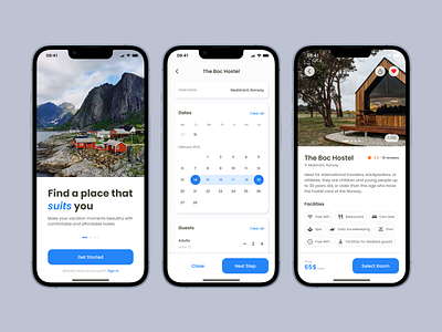 Hotel Booking Mobile App 2023 app booking calendar design figma hostel hotel minimal mobile mobile app norway rent renting travel typography ui ux