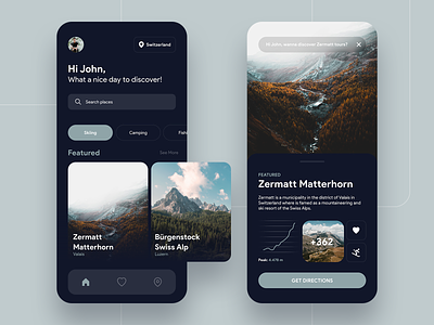 Warm Up - Discovery App app camping clean cool dark design discover discovery minimal mountian peak search simple skiing ui ux world