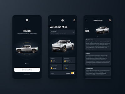 Rivian Connect App - Concept adventure battery car charge charging concept connect dark electric ev location map modern rivian road smart trip ui vehicle