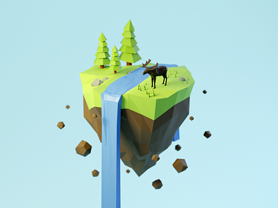 Day 80-83 Moose Island 100daysof3d 100daysof3dbytx 3d blender blendercycles floating island lowpoly3d moose the100dayproject waterfall