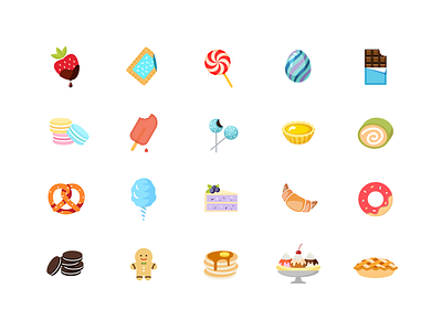 Sweet Dessert Icon Set 100daysofvector cake chocolate cottoncandy dessert eggtart lollipop matcharoll oreo pastry pretzel the100dayproject