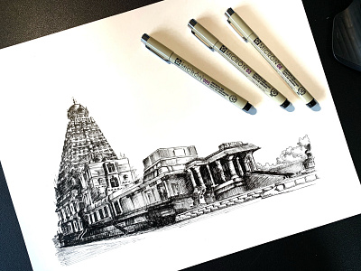 Tanjore Brihadeeshwar temple - Pen and Ink