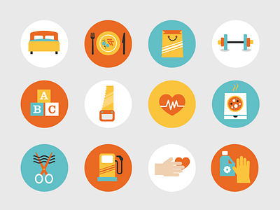 Icons for a shift planner website, showing different branches babysitting care delivery flat food gym handcrafting hotel icon illustration medicine reastaurant