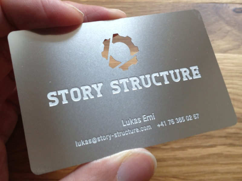 Story Structure - business card story structure gear pen pencil cog circle business card design metal cut engraved steel