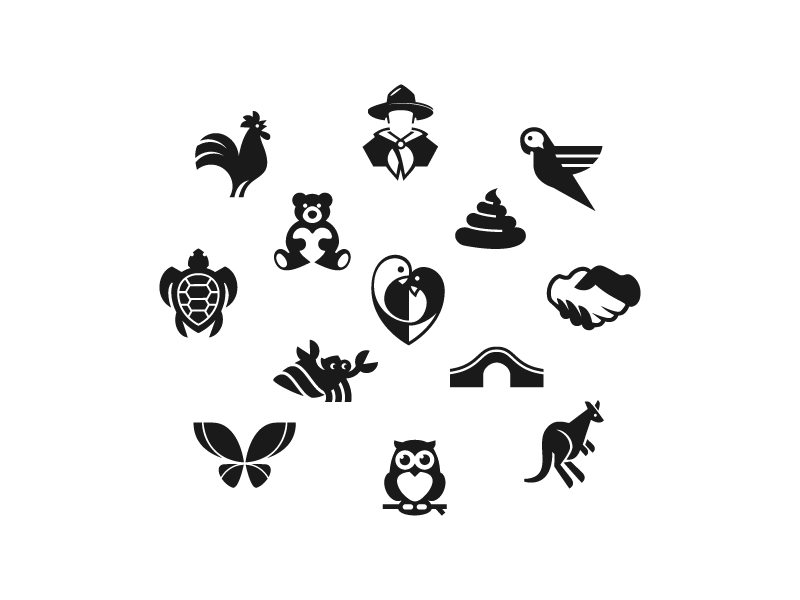 Icons BW hand hermit owl kangaroo butterfly bear turtle parrot rooster animal bridge icon