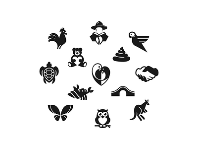 Icons BW animal bear bridge butterfly hand hermit icon kangaroo owl parrot rooster turtle