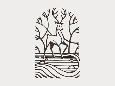 Scenic animal antlers buck deer illustration landmark nature organic river tree