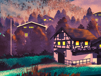 Village Sketch 01 blue hour evening forest houses illustration switzerland village