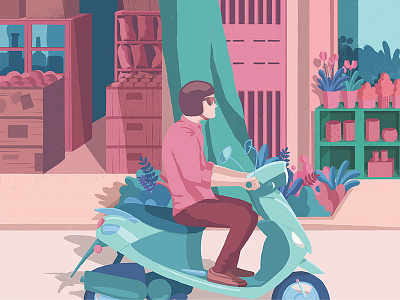 Scooter Rider bush driver flower shop pastel pink rider road romanic scooter street tree