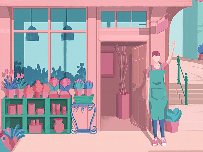 Hey! apron flower shop flowers girl greet hello hi pink plant romanic shop worker