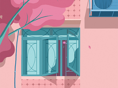 Window afternoon air con chimes leaves leisure pink romanic tile tree wind window