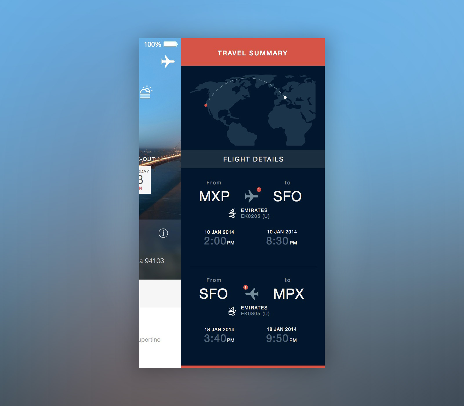 Travel app menu