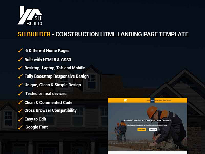 SH BUILDER - Construction HTML Landing Page Template bootstrap easy installation included multipurpose landing lage mobile layout real estate catalog responsive search engine friendly