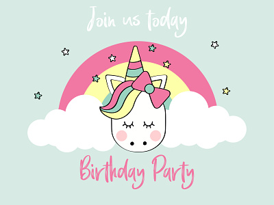 Birthday party invitation. birthday clouds design dribbble followme happy illustraion kids rainbow shadow smiles summer sweety unicorn vector