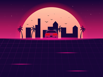 Retro background from 80's. 80s birds car design illustraion nostalgia old pink retro summer sun vector vice city