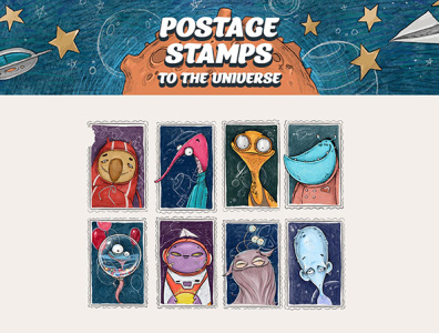 POSTAGE STAMPS TO THE UNIVERSE. NFT collection advertisement artist book cartoon character charcter design children book children book illustration design graphic graphic design illustration illustrations logo monster monsters nft space ui universe