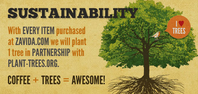 Facebook welcome page for Zavida Coffee bird sustainability tree