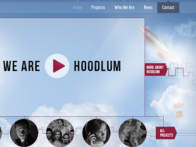 Hoodlum site design clouds connect lines navigation rocket web design