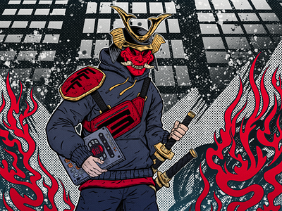 Street samurai beatmaker cartoon character comics cover art drawing graffiti illustration illustrator music poster print style