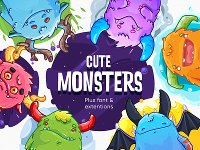 Cute Monsters Pack art baby character craft creatures cute digital diy fairy tail forest graphicdesgn horns illustration invitations kids monster pattern stickers tooth vector