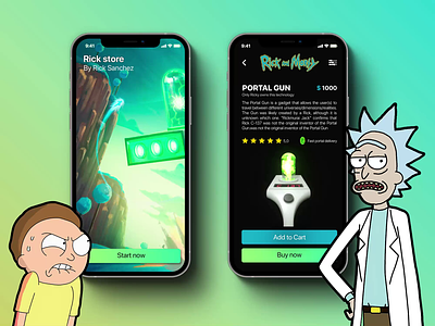Rick store app concept mobile interface mobile app ios mobile rick and morty branding logo graphic design onboarding animation onboarding ux motion graphics rick illustration ui design app animation 3d 3d animation