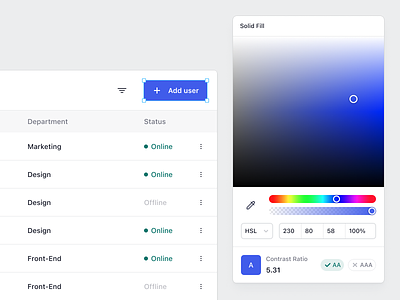 Color Picker with Contrast Ratio admin admin panel color picker component contrast ratio dashboard data input inputs interface list view product design saas switcher table table view