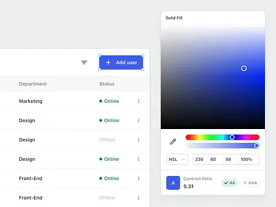 Color Picker with Contrast Ratio admin admin panel color picker component contrast ratio dashboard data input inputs interface list view product design saas switcher table table view