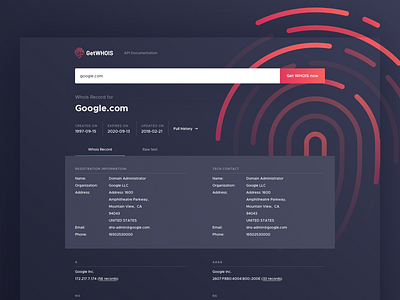 GetWHOIS - Search result clean fingerprint landing page modern product page search tool ui web whois