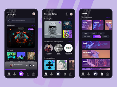 ListTune Music Streaming App UI Design app app design branding design figma mobile mobile app music music app music app music streaming streaming ui ui design uiux design ux