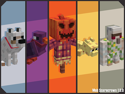 Mob Scarecrow Mod Release Poster blockbench cat iron golem minecraft modding pigeon plushie scarecrow wolf