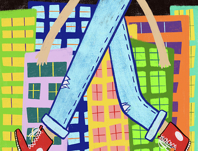 Casual Stroll 2d illustration bold colors character city digital art downtown freehand illustration texture