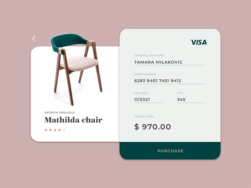 Daily UI #002 - Credit Card Checkout 002 animation app chair challenge checkout color credit card daily ui dailyui furniture ui design