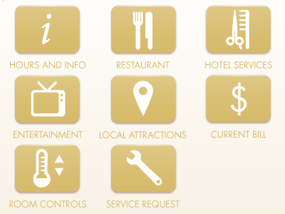 Hotelconcierge Main app bill buttons class entertainment gold gradient hotel hours icons illustrator info interaction design interface ios ipad local attractions main menu menu noun project restaurant room control services statement television temperature thermostat tv ui vector