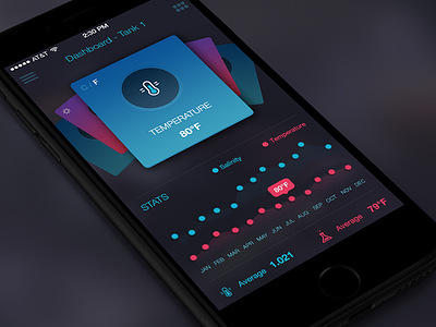 Saltwater Tank App Dashboard - iPhone control center coral dashboard fish icons ios iphone menu stats ui ux