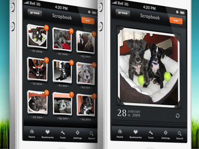 Fidotown Scrapbook app buttons design iphone menu mobile photos scrapbook texture ui