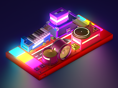 City Of Sound 3d amp cinema4d city design drums glow illustration illustrator instruments iso city isometric city midi motion graphics music night piano render sound turntables