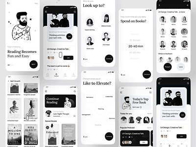 ReadO- All Screen App UI. animation app app design behance branding casestudy clean app design ebook app illustration logo minimal motion graphics musemind musemind agency podcast app profile reado ui ux